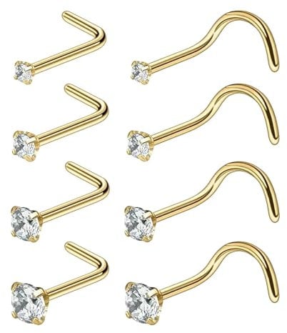 8 Pcs Nose Stud,L Shaped Small Nose Piercing,Thin Stainless Surgical Steel Corkscrew Ring Studs,Flat Piercings Bar Dangly Nose Stuf Diamond Stud Jewelry Set,for Women Men Unisex Tiny Gift (Gold)