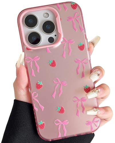ZTOFERA Pink Aesthetic Bow Case for iPhone 14 Pro (6.1), Strawberry | Glossy Hard PC Back Silicone Bumper Case, Cute Ribbon Bowknot Pattern, Camera Protection, Slim Shockproof Protective Cover