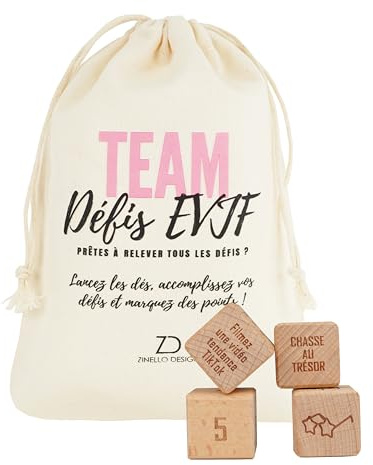 Zinello Design - Jeu EVJF Fun - Défis Drôles et Audacieux pour Enterrement de Vie de Jeune Fille - Pack 4 Dés en Bois + Carte Règles + Scoreboard + Pochette Coton - Accessoire EVJF Incontournable