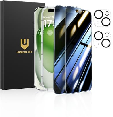 UNBREAKcable Privacy Screen Protector for iPhone 15 Plus (6.7-Inch), 2-Pack + 2 Lens Protectors|25° Anti-Spy|9H Hardness|Anti-Fingerprint|HD Clarity Tempered Glass