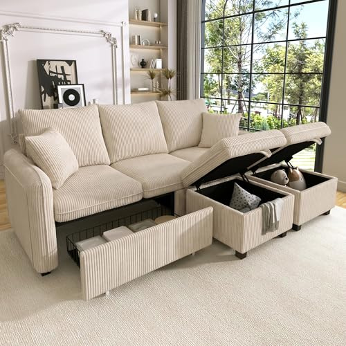 Zepneiy Canapé d'angle Multifonctionnel, canapé 3 Places en U, avec tiroirs de Rangement, et Repose-Pieds de Rangement, avec Fonction Couchage, modulable et Amovible, Tissu Chenille, Beige