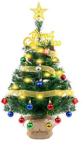 BAIEGOED Small Table Top Christmas Tree 60cm, Prelit Mini Artificial Xmas Tree, Desktop Decor with 2M Ribbon, Decorative Balls, Star Topper, PVC Branches - Light up Xmas Decorations for Home, Office