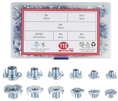 XINGNA 110 Stk Einschlagmuttern M4 M5 M6 M8 M10, Verdicken Vier-Prong Nüsse Einschlagspitzen Verzinktem Kohlenstoffstahl Nüsse für Möbel, Sortiment Schrauben Kits für Holzbearbeitung und Handwerker