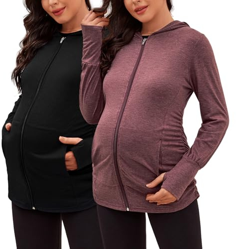 DEBELLY Umstands-Sweatshirt, langärmelig, durchgehender Reißverschluss, lässig, Schwangerschaftsjacke, Oberteil mit Taschen, Daumenloch, seitliche Rüschen