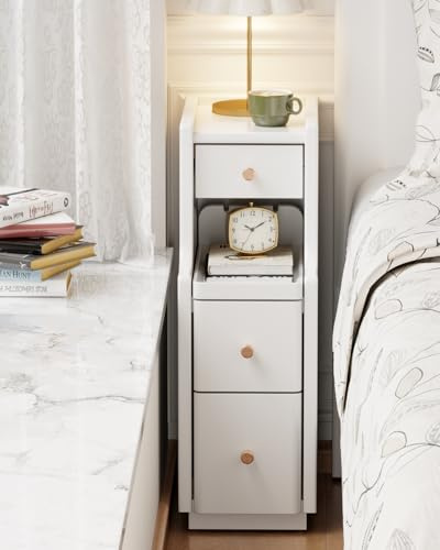 AQIMUELE Nachttisch Holz, Schmal, Beistelltisch mit 2 Schubladen, Narrow Nightstand, Montagefrei, für Schlafzimmer, Wohnzimmer, 20 cm Breit(weiß)