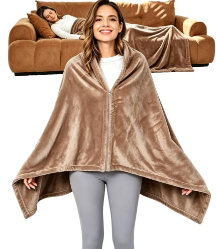 SNZ Tragbare Decke Poncho aus Flanell, 150x80 cm – Kuscheldecke mit Reißverschluss für Damen & Herren – Extra Weiche, Wärmende Wohndecke als Sofadecke, Reisedecke & Geschenk
