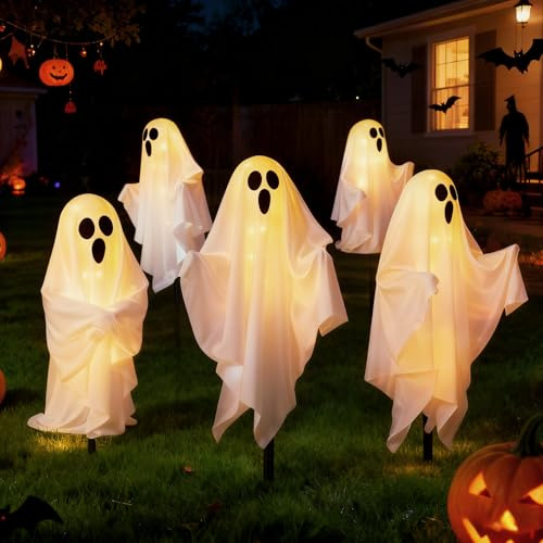 Ciskotu Halloween Deko Geist, 5 Stück Gespenster Stableuchten mit 8 Modi, Erdspieß, Timer, Fernsteuerung, DIY Batteriebetrieben, Halloween Beleuchtung Outdoor für Vorgarten, Garten, Party Deko