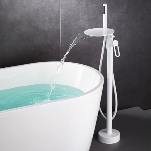 BiaoTeng Standarmatur Badewanne Freistehend Badewannenarmatur Wasserfall mit Brause Einhebelmischer Warm und Kalt Messing Mischbatterie Badewanne Stehend Weiß