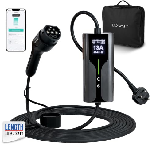 LuxWatt Type 2 EV Charging Cable, 3 Pin UK Plug 13A 3.5kW Portable Electric Car Charger, 10m Cable, IP66 Waterproof, Smart Mobile App – Compatible with All Type 2 Vehicles