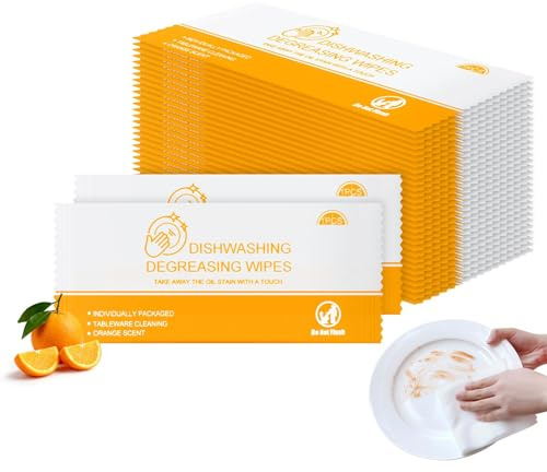 Dish Cleaning Wipes Individually Wrapped Surface Wipes Travel Size Orange Scent Disposable Multi Surface Wipes for Kitchen Outdoor Traveling Camping RV Quick Clean (50)