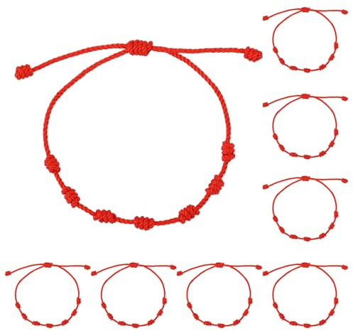 Mikovivi 8pcs Red String Bracelet Set, Adjustable 7 Knot Braided Rope Bracelet Handmade Good Luck Cord Red Thread Jewelry Pulsera Roja for Women Men Lovers Friendship Protection Gift
