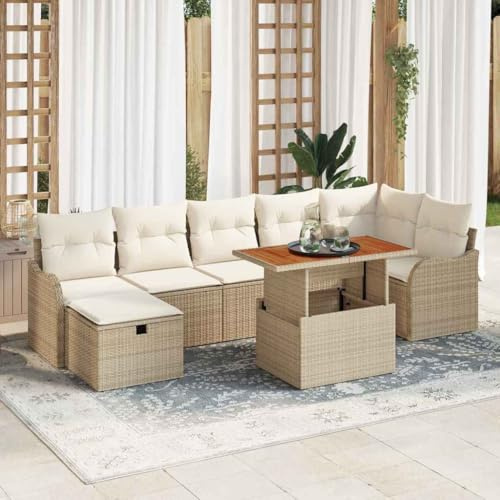 Owoxanthellate Garten-Sofa-Set 8-teilig Beige Poly-Rattan mit Akazienholz-Tisch höhenverstellbar wetterfest Stauraum Sitzgruppe Balkon und Terrasse für Garten Lounge