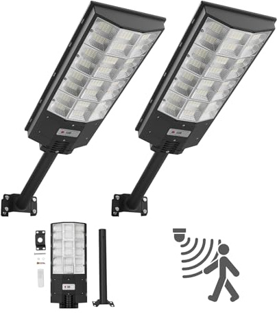 VEVOR Lampadaire Solaire Extérieur 8000 W Projecteur LED Solaire 450000 lm pour Parking Cour Jardin, avec Détecteur de Mouvement, Télécommande, Éclairage du Crépuscule à l'Aube, Étanche IP67, Lot de 2