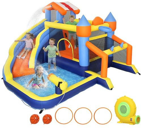 AIYAPLAY Château Gonflable avec souffleur 8 en 1, Parc Aquatique, Toboggan, Trampoline, Piscine à balles, But de Football, Mur d'escalade, Panier de Basket, Jeu de Lancer d'anneaux, 350x325x210cm