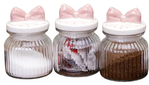 Darthome Pink Bow Ribbed Glass Storage Jars, Set of 3, 680ml, Airtight Ceramic Lids, Clear, for Tea, Coffee, Sugar