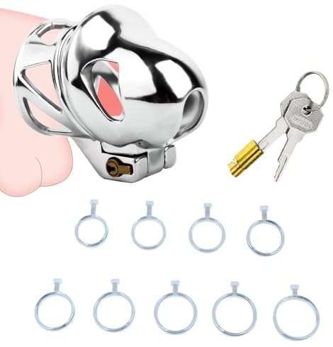 Kuaecr Metall Chastity Cock Cage Männer mit 9 Penisring und 2 Schlüsseln Atmungsaktiv Peniskäfig Hohldesign SM Fetisch Extrem Herren Keuschheitsgürtel mit Schloss BDSM Paare Bondage Sexspielzeuge