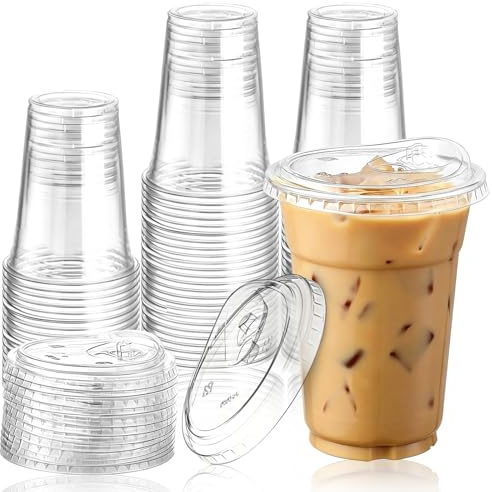 Eidoct 50Pcs Clear Plastic Cups with Lids, 480ml (16oz) Reusable Clear Cups | Strong Takeaway Cups with Lids - for Iced Coffee Smoothie Milkshake Cold Drinks Party Catering