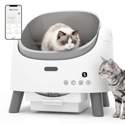 MoraRise Self Cleaning Cat Litter Tray, Open-Top Automatic Litter Box with App Control, Adjustable Entrance Height, 8L Waste Bin, Smart Electric Cat Toilet for Multiple Cats, Includes Mat, Trash Bags