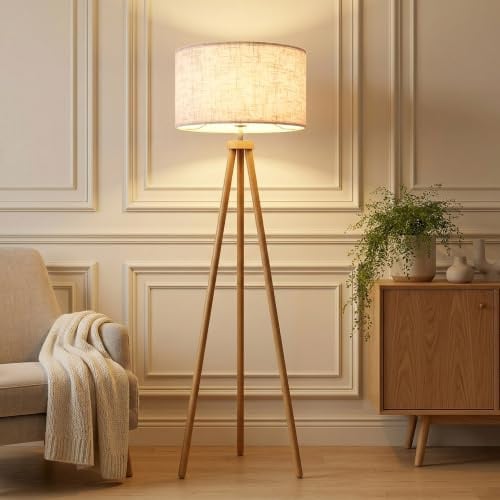 IRONDELIC Stehlampe Wohnzimmer Dimmbar Dreibein Holzoptik-Metall, Inkl. 12W LED Moderne Stativ Stehleuchte 3 Farbtemperatur Fußschalter Retro Leselampe mit Stoffschirm für Schlafzimmer & Büro