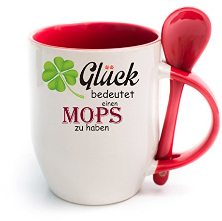 Tasse m. Löffel Glück bedeutet einen Mops zu haben - Löffeltasse, Kaffeetasse mit Motiv,Bürotasse, bedruckte Tasse mit Sprüchen oder Bildern - auch individuelle Gestaltung nach Kundenwunsch (rot)