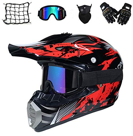 VOMI Casque Motocross Homme, Noir et Rouge, Adulte Casque Moto Cross Moto Set, Goggle/Gants/Masque/Filet à Elastique, Enfant Casque VTT Integral BMX Quad Enduro ATV Scooter, Certification Dot,L