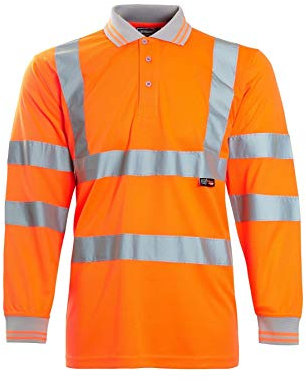 Mens Hi Vis Viz High Visibility Reflective Tape Safety Polo Contrast Long Sleeve Workwear Visibility Tee Tshirt Top ORANGE M