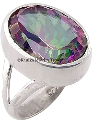 Mystic Topaz 925 Sterling Silber Fancy Bezel Oval Statement Ring Antiker Schmuck für Ihren Jahrestag, Geburtstag, Muttertagsgeschenk (Mystic Topaz, Größe 7)