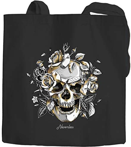 Autiga® Jutebeutel Totenkopf Rosen Skull Flower Schädel Baumwolltasche Stoffbeutel schwarz 2 lange Henkel