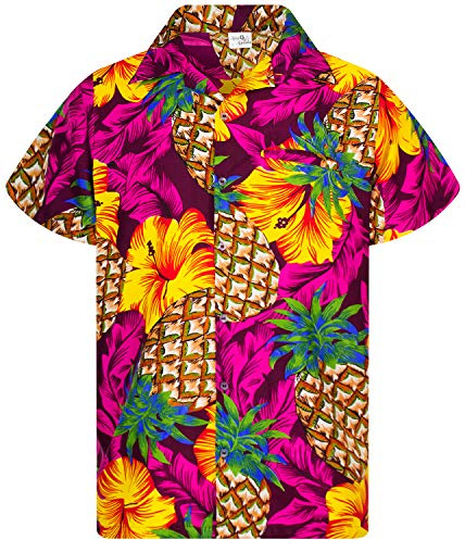 King Kameha Funky Hawaii-Hemd, Herren, Kurzarm, Pineapple-Hibiscus, Magenta-Pink, M