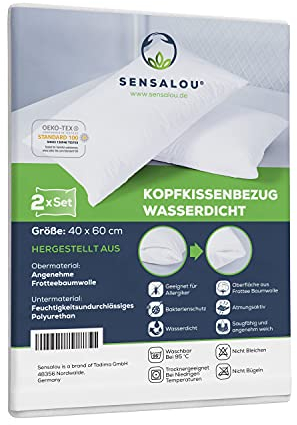 Sensalou Kissenbezug wasserdicht 2er Set in 7 Größen - 40x60 cm Kopfkissenbezug weiß mit Reißverschluss - waschbarer Anti Milben Bezug wasserfest