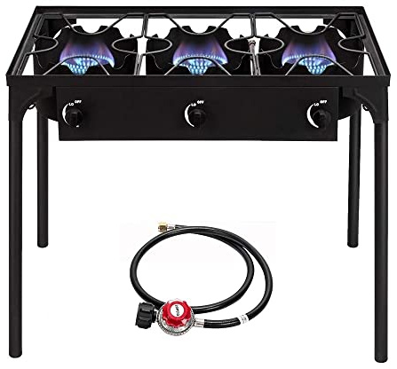 Bonnlo 3 Burner Outdoor Portable Propane Stove Gas Cooker, Heavy Duty Iron Cast Patio Burner with Detachable Stand Legs for Camp Cooking (3-Burner 225,000-BTU)