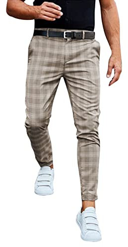 Pantalon chino à carreaux pour homme - Coupe ajustée - Pantalon chino - Coupe droite - Pantalon décontracté - Stretch - Streetwear - Loisirs - Avec fermeture éclair, A-3 kaki, M