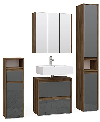 Vicco Badmöbel-Set Majest, Badezimmerschrank-Set, Anthrazit/Nussbaum, 4 Teile