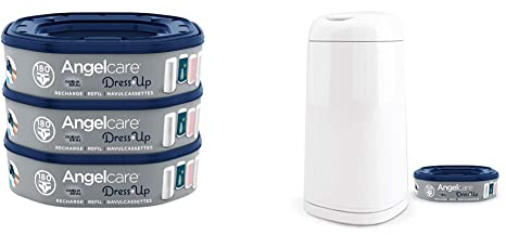 Angelcare Dress Up - Poubelle à Couches Avec Recharges Octogonales Anti-Odeurs - Grande Capacité, Antibactérien, Usage Simple - Lot de 3 - Blanc