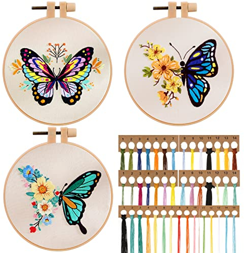 JSRQT 3 Stücke Schmetterling Gestempeltes Stickerei Starter Kit,DIY Handgemachte Stickerei Kreuzstich Set, Embroidery Cross Stitch Starter Kit für Anfänger