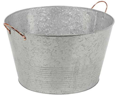 Large Round Sparkling Wine Champagne Beer Bottles Drinks Beverages Ice Cooler Cold Galvanised Steel Metal Drinks Tub Bucket Serving Tray Buffet Bar Platter with Copper Handles for Parties BBQ's