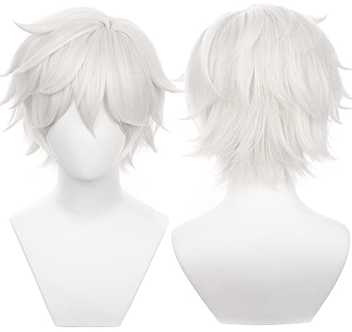 Anime Grau Weiß Cosplay Perücke Rollenkostüm Perücke Kurzes Lockiges Haar für Männer Halloween Party Unisex Erwachsene Anime-Liebhaber