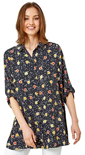 Roman Shirt for Women Ladies Cotton Blouse Button Through Tunic Printed Top Work Long Sleeve Smart Casual Going Out Work Office V Neck Everyday Evening Event - Black Red - Size 10