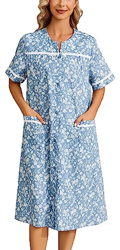 YOZLY Hauskleid für Damen, bestickt, kurzärmelig, Staubwedel mit Vordertaschen, S-3XL, Blume/Blau, X-Groß