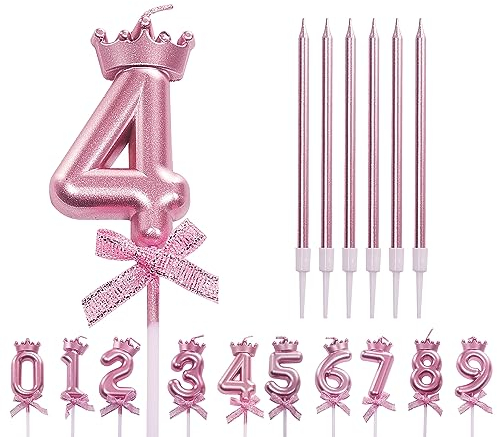 Pink 4th Birthday Candles - 4 Number Candles & Cake Topper for Girls' Birthday, Wedding or Anniversary Cake Decorations