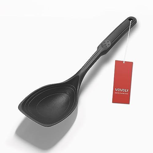 Large Silicone Cooking Spoon, Non-Stick Solid Spoon set with Deep Bolw and Measurement Mark for Mixing, Serving, Draining, Scooping, Scraping, Heat Resistant Kitchen Utensils, Black