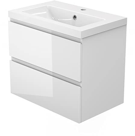 Skybathroom 600mm Gloss White Bathroom Vanity Unit with Resinous Sink Wall Mounted 2 Drawers Flatpack