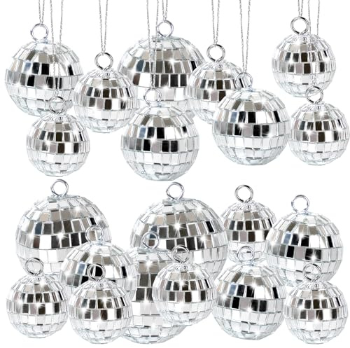 Lot de 20 boules disco à suspendre en verre argenté avec corde pour danse, anniversaire, fête sur le thème des années 70