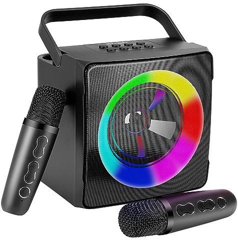 Karaoke Machine for Adults and Kids, Portable Bluetooth Speaker with 2 Wireless Microphones, Voice Changing Effects, LED Lights, Supports AUX/USB/TF Card, PA System for Party Home Karaoke Birthday