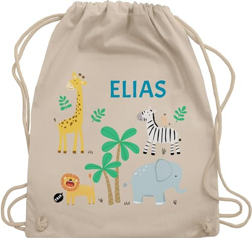 Turnbeutel Rucksack - Safari Tiere Zootiere Zoo Giraffe Zebra Löwe Elefant - Unisize - Naturweiß - kindergarten tasche kita baumwolle beutel personalisierte geschenke stoffbeutel