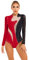 MSemis Damen Body mit Bein Langarm Body Stehkragen Top Gymnastikanzug Elastische Sport Turnbody Ballettanzug Tanz-Body Leotards Schwarz Rot M
