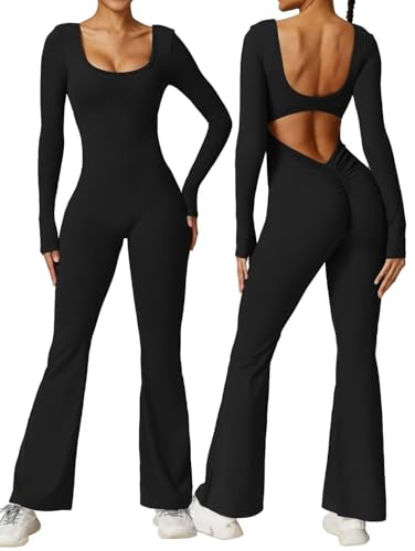 Vertvie Damen Langarm Flared Jumpsuit V Back Scrunch Butt Bodysuit Sexy Backless Eng Yoga Sport Bodycon Romper Ganzkörperanzug(Schwarz,L)