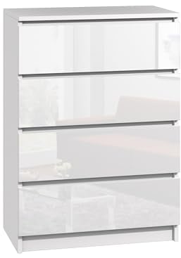 roe furniture Kommode mit 4 Schubladen - Modern Schubladenschrank - Komodenschrank - Schubladenkommode 70 cm Breit - Weiß Hochglanz