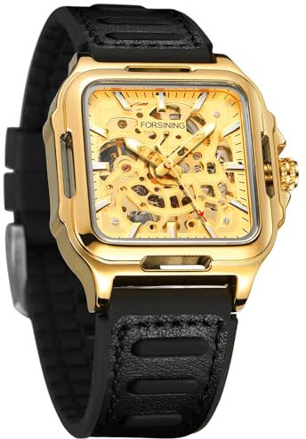 FORSINING Montre squelette étanche pour homme - Style steampunk - Automatique - Bracelet en silicone - Carré lumineux - Bleu, 1-Doré, Sangle