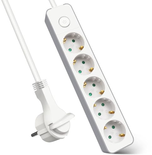 EXTRASTAR Flachstecker Mehrfachsteckdose 5-Fach, Steckdosenleiste Flacher Stecker mit Druckknopfschalter, 1.5m Kabel für Büro und Zuhause, Weiß + Grau